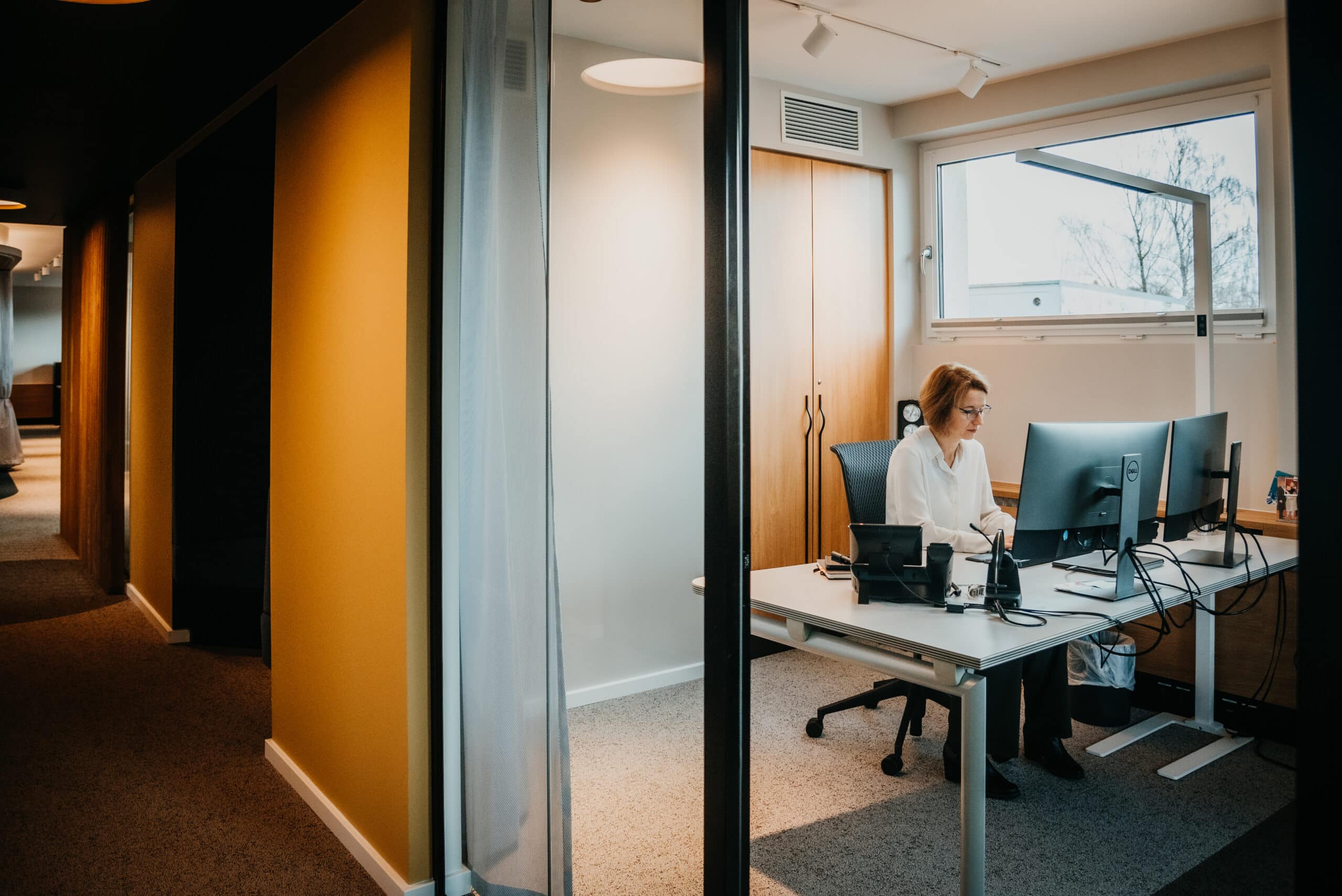 Frau arbeitet im modernen Büro an einem Computer, viel Tageslicht, professionelles Arbeitsumfeld.